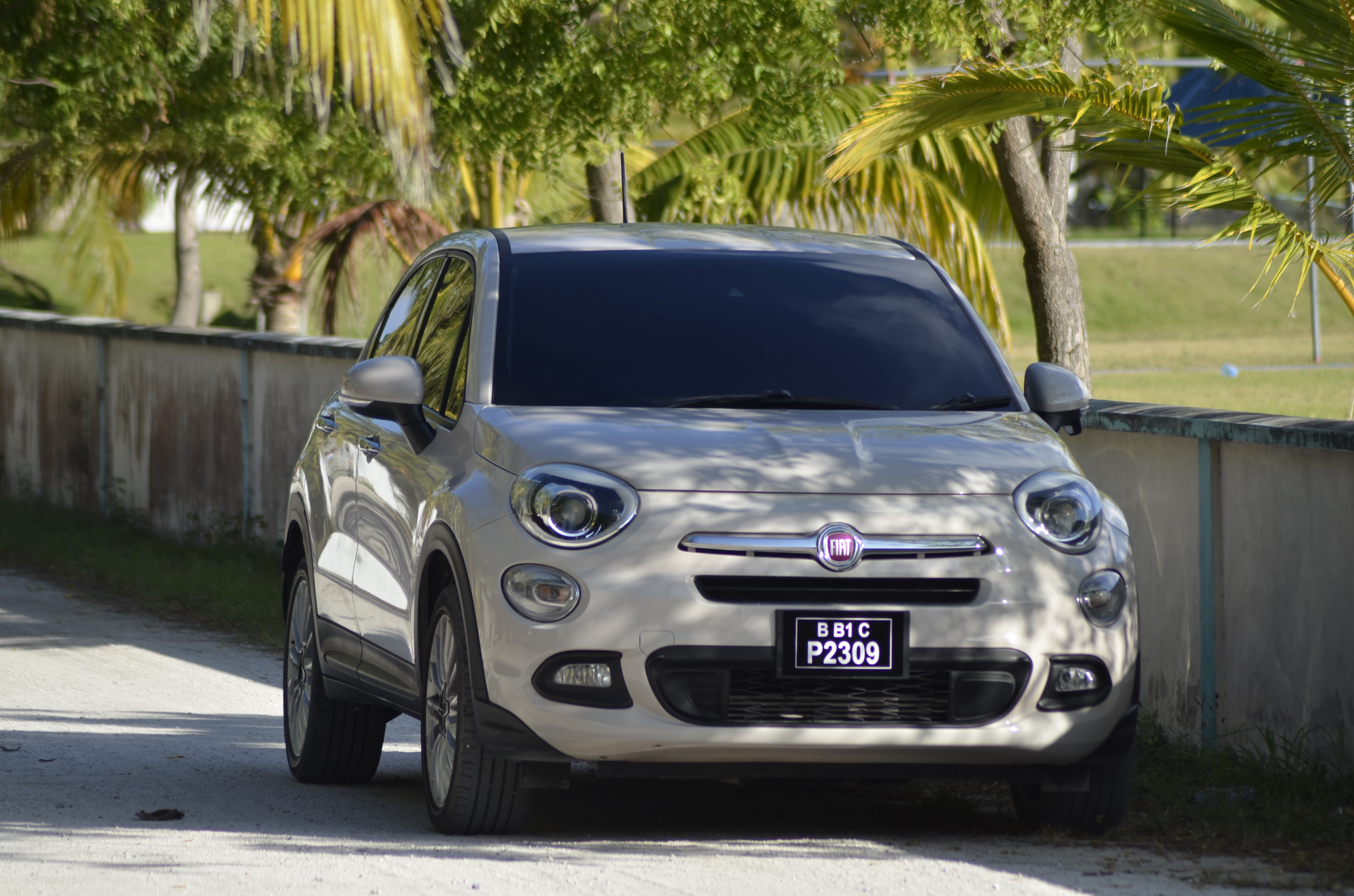 A rental car parked near the beach